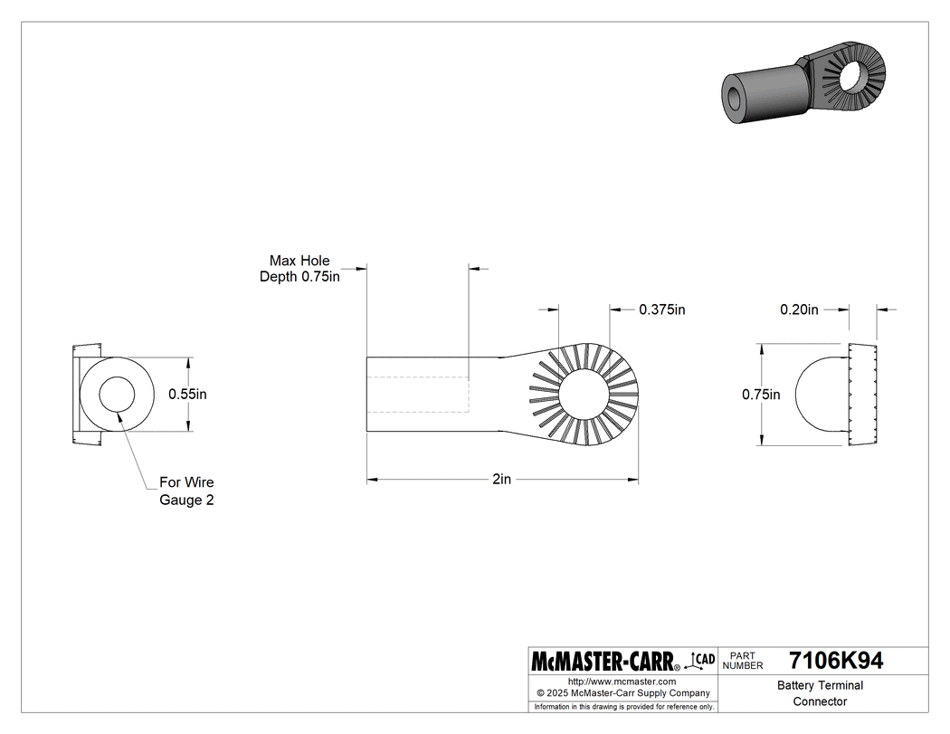 Technical Drawing of Battery Terminal Connector, 3/8" Antirotational Lug, 2 Wire Gauge.